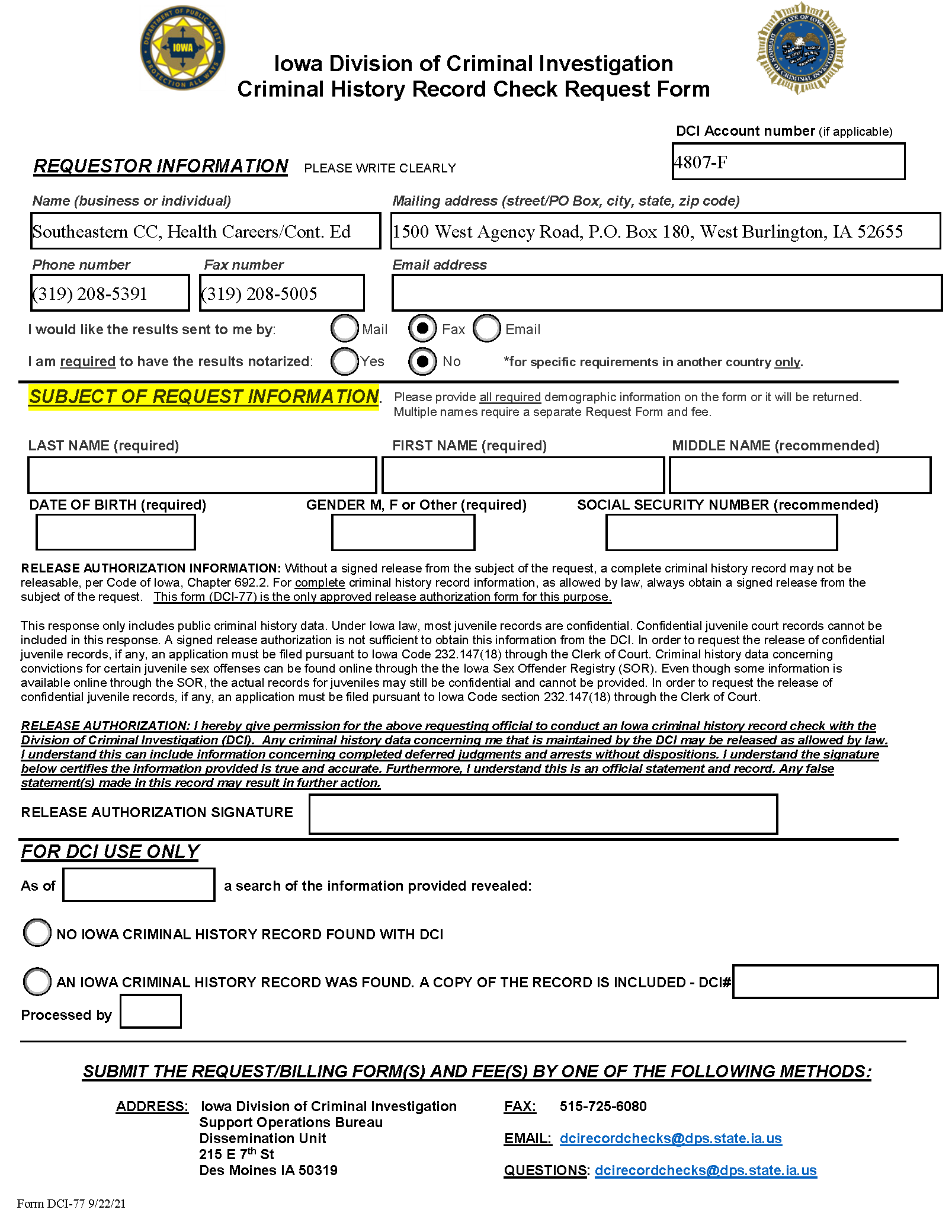 Iowa Division of Criminal Investigation Criminal History Record Check Request From
